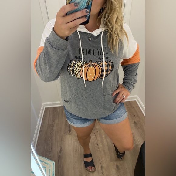 Source Unknown Tops - It's Fall Y'all Leopard Plaid Pumpkins Lightweight Hoodie size large